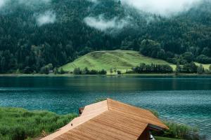 a building next to a lake with a mountain at Hotel Neusacherhof in Weissensee