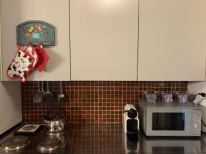 a kitchen with a counter top with a microwave at Renovated Mountain View Apartment - Les Eperviers in Crans-Montana +4 photos
