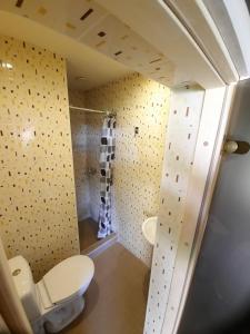 uma pequena casa de banho com WC e chuveiro em Escape of city em Pabiržė