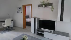 ローバウにあるFerienwohnung und Apartment Löbau, Stadt- und messenahの壁に薄型テレビが取り付けられたリビングルーム