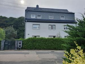 Burgstaedt的住宿－Anni's Waldblick，蓝色屋顶的大型白色房屋