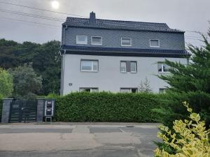 a large white house with a blue roof at Anni's Waldblick in Burgstaedt