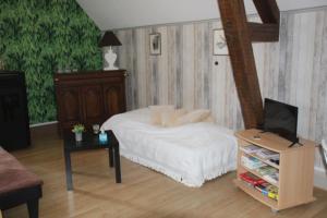 1 dormitorio con 1 cama y TV en una mesa en Suite dans les dépendances du Château, en Agonges