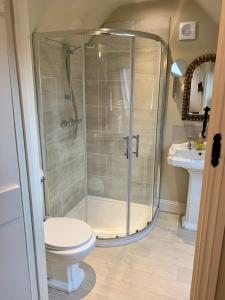a bathroom with a shower with a toilet and a sink at Fox Inn in Darsham