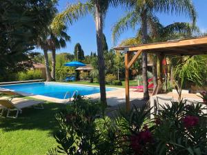 - une piscine dans une cour avec des palmiers dans l'établissement Les deux mas, à Bormes-les-Mimosas