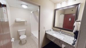 a bathroom with a toilet and a sink and a mirror at AmericInn by Wyndham Mounds View Minneapolis in Mounds View