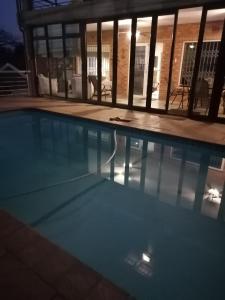 ein Schwimmbad in der Nacht mit eingeschaltetem Licht in der Unterkunft Burd's Nest 215 in Shelly Beach