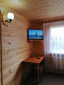 ヤブルニツァにあるMarichkaのログキャビン内にデスクとテレビが備わる客室です。