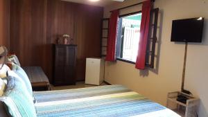 a bedroom with a bed and a tv and a window at Poente Guest House in Conceição da Ibitipoca