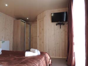 a bedroom with a bed and a tv on a wall at Вилла Zlata in Bukovel