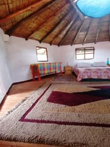 sala de estar con cama y alfombra en Jardin Colibri RNT 33633, en Guatavita