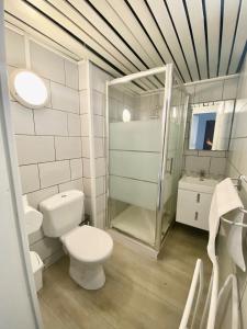 La salle de bains blanche est pourvue d'une douche et de toilettes. dans l'établissement Hotel du Centre Lucé Chartres, à Lucé