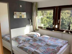 Bett in einem Zimmer mit Fenster und einem Bett mit Kissen in der Unterkunft Spechtstraße 65 Ferienwohnung in Nordhorn