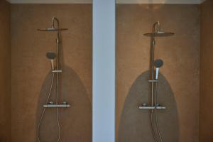 a shower in a bathroom with a mirror at Unterpetersbächlerhof in Fischbach bei Dahn