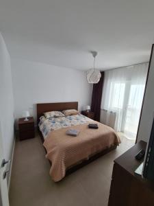 a bedroom with a bed and a television in it at SimpliCity Apartament in Tulcea