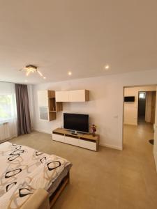 a large room with a bed and a television at SimpliCity Apartament in Tulcea