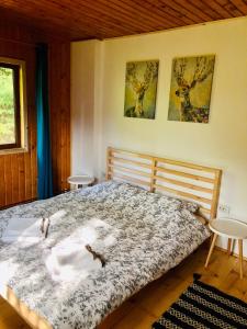 a bedroom with a bed and two chairs and a window at Conacul Secaria in Secăria