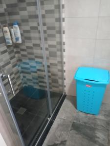 een badkamer met een douche en een blauwe vuilnisbak bij Casa Castrelo in Retorta