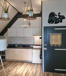 a kitchen with a blue door with a horse on the wall at Bed en Breakfast Het Friesche Paard in Purmer