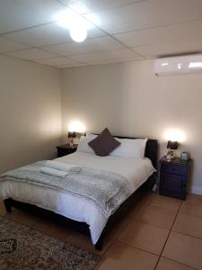 a bedroom with a bed with two night stands and two lamps at CHEETAH MANOR #2 in Bloemfontein