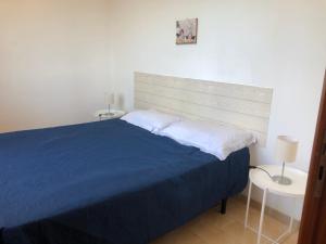 una camera con letto blu e 2 cuscini bianchi di Apartment Marechiaro Agrigento a Zingarello