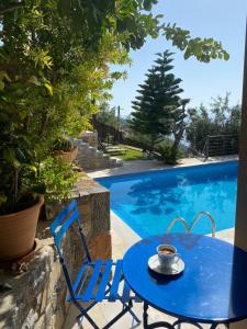 ein blauer Tisch und Stühle neben einem Pool in der Unterkunft Villa Muse in Agios Nikolaos