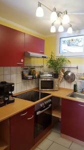 a kitchen with a counter with a microwave and a sink at Am Berg-Ferienwohnung in Ettal