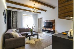 salon z kanapą i telewizorem w obiekcie Giewont Krupówki SPA w Zakopanem
