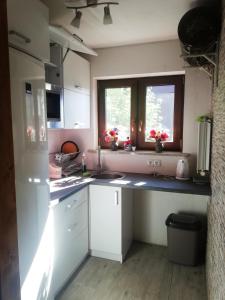 eine Küche mit weißen Schränken, einem Waschbecken und 2 Fenstern in der Unterkunft Pokoje Gościnne U Babuni in Bukowina Tatrzańska