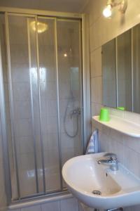 a bathroom with a shower and a sink at Pension Schreckhof in Mosbach