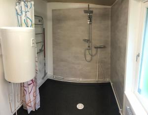 エレブルーにあるVallby Farmの黒の床のバスルーム(シャワー付)