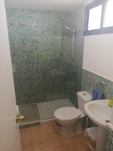 y baño con ducha, aseo y lavamanos. en Vandaele Home en Corralejo