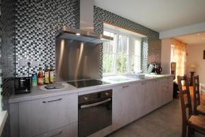 uma cozinha com um lavatório e um fogão forno superior em Les Lauriers de la route des vins em Orschwihr