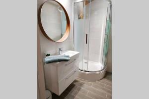 een badkamer met een wastafel en een spiegel bij 157m2, 4 chambres, 4 salles de bains, 2 WC, 2 parkings en hypercentre in Valence