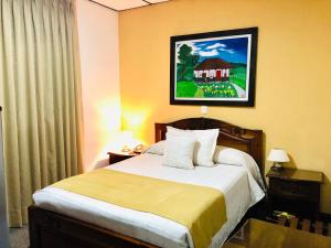 um quarto de hotel com uma cama e um quadro na parede em El Gran Hotel de Pereira em Pereira