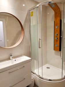 La salle de bains est pourvue d'une douche, d'un lavabo et d'un miroir. dans l'établissement 157m2, 4 chambres, 4 salles de bains, 2 WC, 2 parkings en hypercentre, à Valence