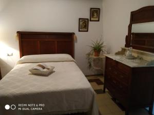 Un dormitorio con una cama con lavabo y espejo. en Casa Museo Quintín, en Gerena