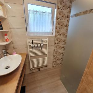 baño con lavabo y ventana en Apartments Mojstrana - Kekec, en Mojstrana