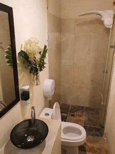 W łazience znajduje się toaleta, umywalka i prysznic. w obiekcie HOTEL BOUTIQUE EL FARO BY AROMAX w mieście Medellín