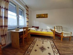 a room with a bed and a desk and a window at Geräumige Ferienwohnung in Felsberg in Felsberg