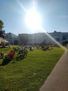 grupa ludzi siedzących na trawie w parku w obiekcie Och!hostel w mieście Gdynia