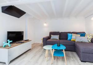 a living room with a couch and a tv at Atelier d Artiste Le Marais Paris - exceptionnel ! in Paris
