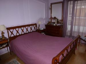 パリにあるアパルトマン アレジア プレザンスのベッドルーム(紫の毛布を使用した大型ベッド1台付)