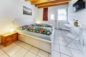a bedroom with a bed and a desk in it at Gästehaus Viktoriya nur wenige Minuten zum Europa-Park in Rust