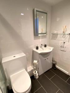 a white bathroom with a toilet and a sink at The Family Tree in Whatstandwell