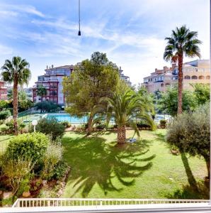 a view of a park with palm trees and a building at Appartement Torre La Mata in Torrevieja