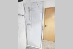 una doccia con porta in vetro in bagno di Ferienwohnung Rhode a Rielasingen-Worblingen