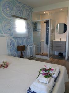 - une chambre avec un lit, des serviettes et une douche dans l'établissement Le Panoramique, à Sèze