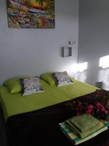 - une chambre avec un lit vert orné de fleurs dans l'établissement Le Panoramique, à Sèze