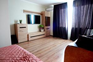 Schlafzimmer mit einem Bett und einem Flachbild-TV in der Unterkunft Apartament Vasilya Porika 48 Street Vinnytsya,Ukraine in Winnyzja